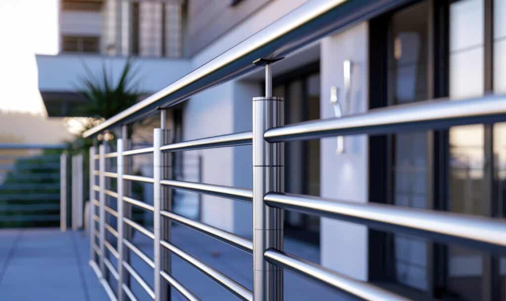 Balustrade moderne en acier inoxydable poli sur un balcon d'immeuble. Arrière-plan flou d'architecture contemporaine et verdure.