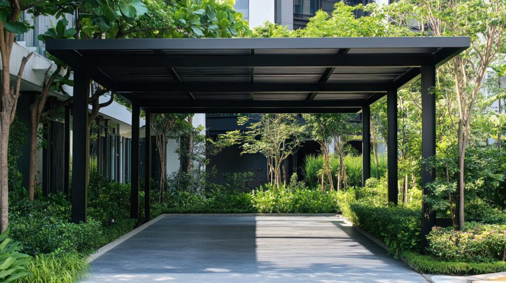 Carport noir moderne sur allée bordée de verdure luxuriante et d'arbres, ombres au sol. Ambiance calme et intégration nature.
