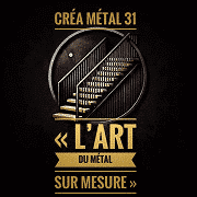 Logo CRÉA MÉTAL 31: escalier métallique sur mesure dans un cercle doré sur fond noir. 'L'ART DU MÉTAL SUR MESURE'.
