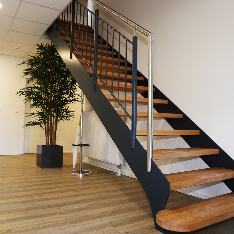 Escalier moderne en bois clair et métal sombre avec garde-corps métallique, dans un intérieur lumineux avec plante verte et parquet.