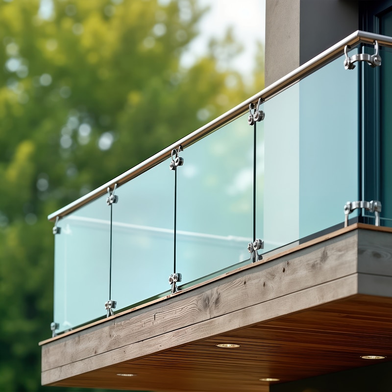 Garde-corps moderne en verre trempé et rampe en acier inoxydable sur balcon en bois. Vue sur des arbres verts flous.