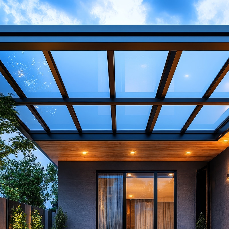 Pergola moderne à toit en verre et structure noire. Terrasse avec plafond en bois lumineux, porte vitrée, jardin verdoyant sous ciel bleu.